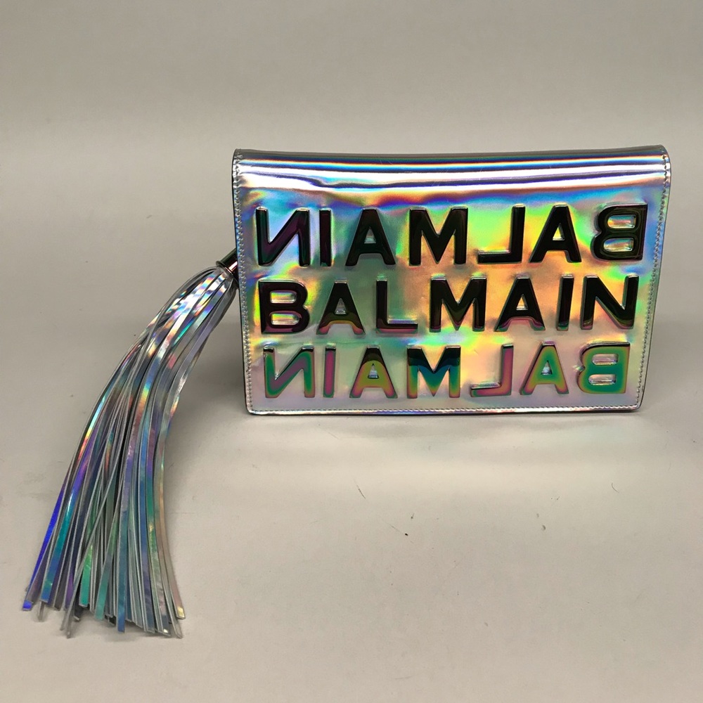 Balmain Holographic Iridescent Logo Crossbody Bag with Tassel